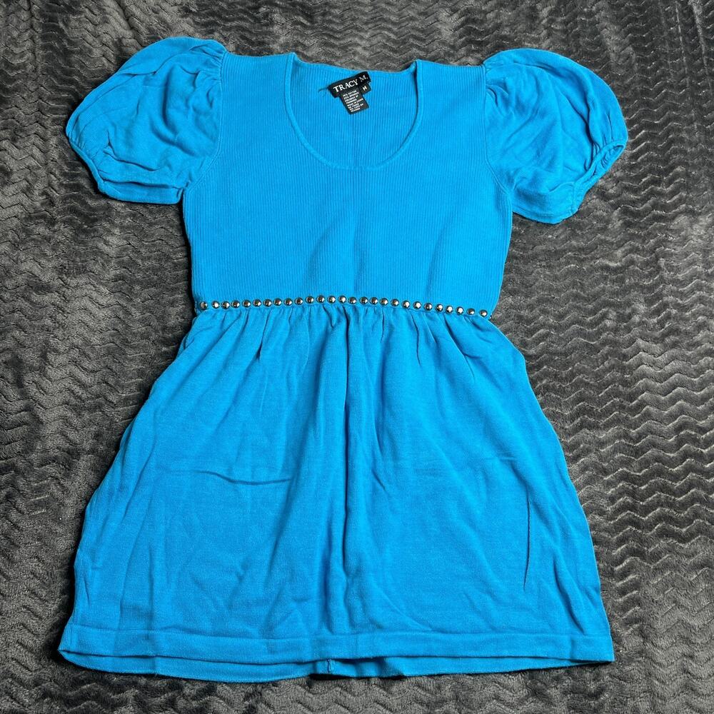 Women Aqua Blue Ribbed Sweater Top with Studded Details Size M